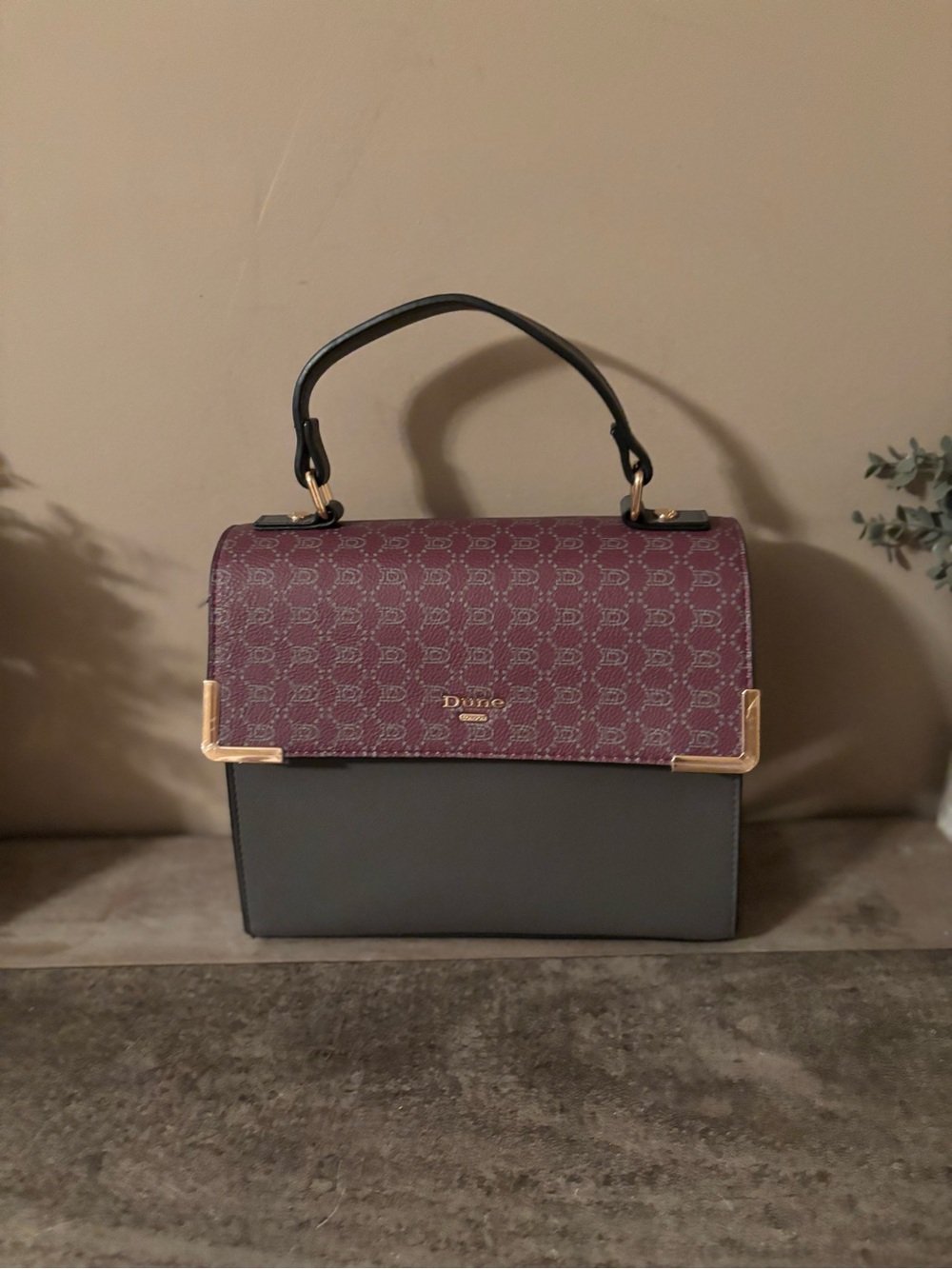 DUNE LONDON  Plum and Gray Top-Handle Satchel with Gold Accents